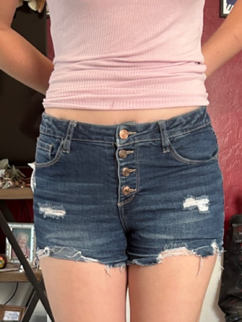 High-Rise Distressed Denim Shorts in Dark Blue